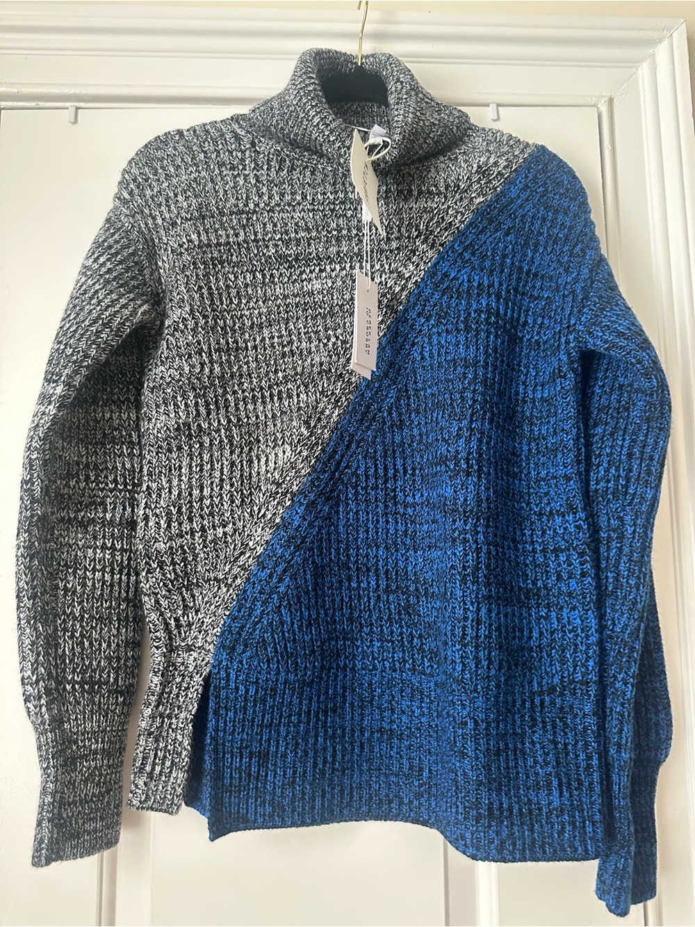Derek Lam Diagonal Two-Tone Gray and Blue Cowl Sweater